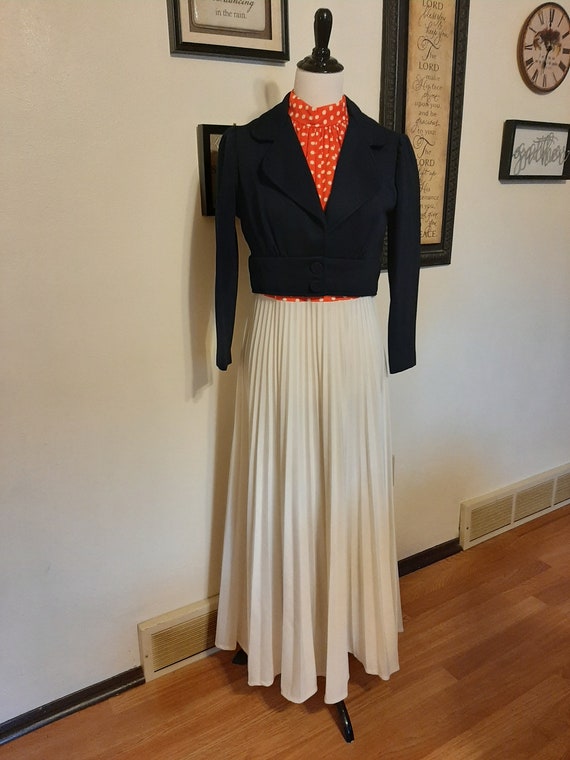 1970s Womens Fall Polyester Knit Maxi Dress/ Jacket Size M Red White Blue Patriotic Maxi Dress/Mother Of Bride 70s Sleeveless Dress/Jacket