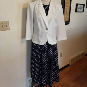 1970s-80s Mujer Pablo Colección 2 Piezas Otoño Polka Dot Knit Dress/Jacket Size L/Vtg Navy/White Polka Dot Easter Dress Size L
