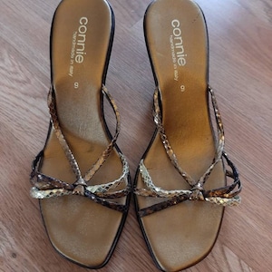 1990s Womens Gold/Bronze Connie Platform Wedge Spring/Summer Slides Size 9 Handmade In Italy/Vtg Womens Golden/Bronze Open Sandals/Slides 9