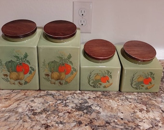 Mid Century Set Of 4 Avocado Green Hyalyn Ceramic Kitchen Canisters / 1960s-70s Avocado Green Canisters / Wooden Lid / Vegetables Motif / Hyalyn