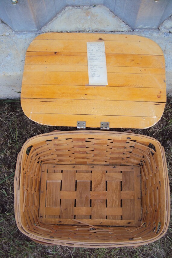 Mid Century Woven Wood Top Handle Picnic Basket 1… - image 9