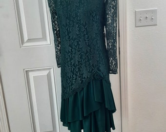 1980s-90s Womens Emerald Green Mother Of The Bride/Special Occasion Dropped Waist Lace/Knit Short Dress Size M/Vtg Hunter/Forest Green Dress