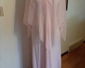 1970s Womens Pink Polyester Knit And Chiffon Shawl Summer/Wedding Formal Maxi Dress Size M/ Vtg Womens V Neck Formal/Mother Of Bride