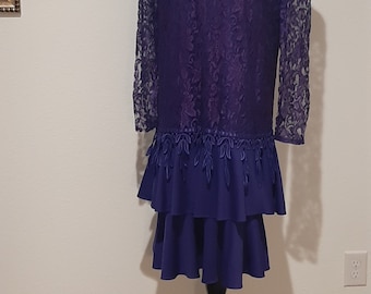 1980s Womens Flapper Style Drop Waist Violet/Purple David Rose Special Occasion Mother Of Bride/Holiday/Bridesmaid Dress Size L/Purple Dress