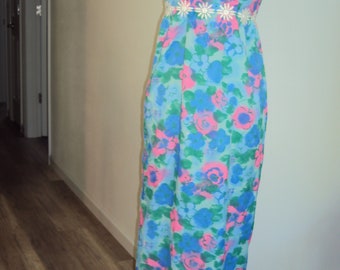 1960s-70s Womens Blue/Pink Wild Print Empire Waist Homecoming/Prom/Bridesmaid/Formal/Hawaiian Print XS-S/ Maxi Dress With Train Costume XS-S