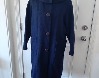 1950s 60s Womens Navy Blue Large Buttons Jackie O Wool Coat Size S-M/Mid Century Womens Navy Blue Wool Large Button/Large Collar Coat S-M