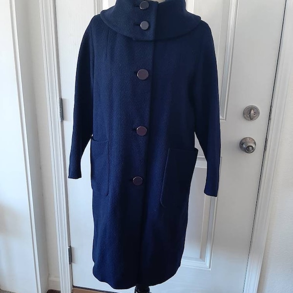 1950s 60s Womens Navy Blue Large Buttons Jackie O Wool Coat Size S-M/Mid Century Womens Navy Blue Wool Large Button/Large Collar Coat S-M