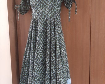 1950s Womens Cotton Floral Swing Dress Size S/Home Sewn Circle Dress/Mid Century Swing Dresses Size  S/Black With Blue/Green Flowers Dresss