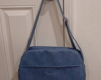 1960s-70s Sky Blue Adjustable Strap Vinyl Tote Carryon Luggage 15.5" X 11.5" X 5.25"/Vintage Blue Shoulder Strap Vinyl Tote Bag Luggage
