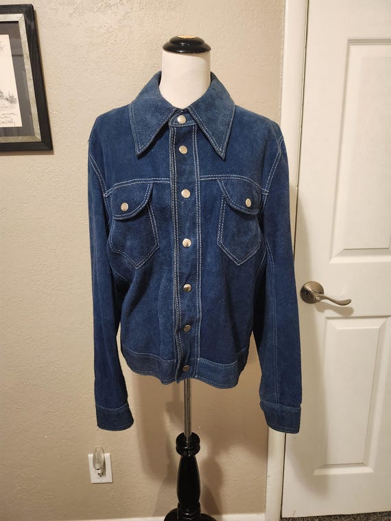 1970s Mens Peacock Blue Conqueror 100% Leather Made in Tawain Top