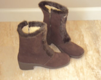 1970s-80s Womens Brown Leather Suede New No Tags Snow Boots/Winter Boots Size 7/ Hippie Suede Faux Fur/Sherpa Lining Boots/ Calf Zip Boots