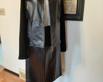 Vintage Womens NOS Black Genuine Lambskin 2 Piece Pencil Skirt And Zip Jacket Skirt M/Jacket L/Womens Jaclyn Smith  Black Leather Skirt Suit