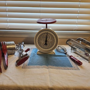 Mid Century Red/Silver/White Kitchen Decor/40s 50s Kitchen All Purpose Scale/Egg Beater, Juicer, Whisk, French Fry Cutter/ Red Wooden Handle