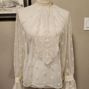 1960s-70s Women&#39;s Ivory Bonnie Strauss Sheer Edwardian Blouse With Ruffled Tie & Sleeve Cuffs Size M/ Edwardian Blouse  Lace Buttons/Loops