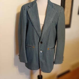 1970s-80s Mens Medium Wash Five G&#39;s Western Denim Blazer/Sport Coat Size 38 R/Vtg Mens Western Denim Blazer/Western Blazer Size 38 R