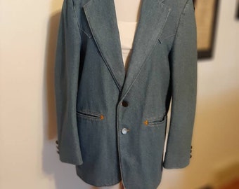 1970s-80s Mens Medium Wash Five G's Western Denim Blazer/Sport Coat Size 38 R/Vtg Mens Western Denim Blazer/Western Blazer Size 38 R