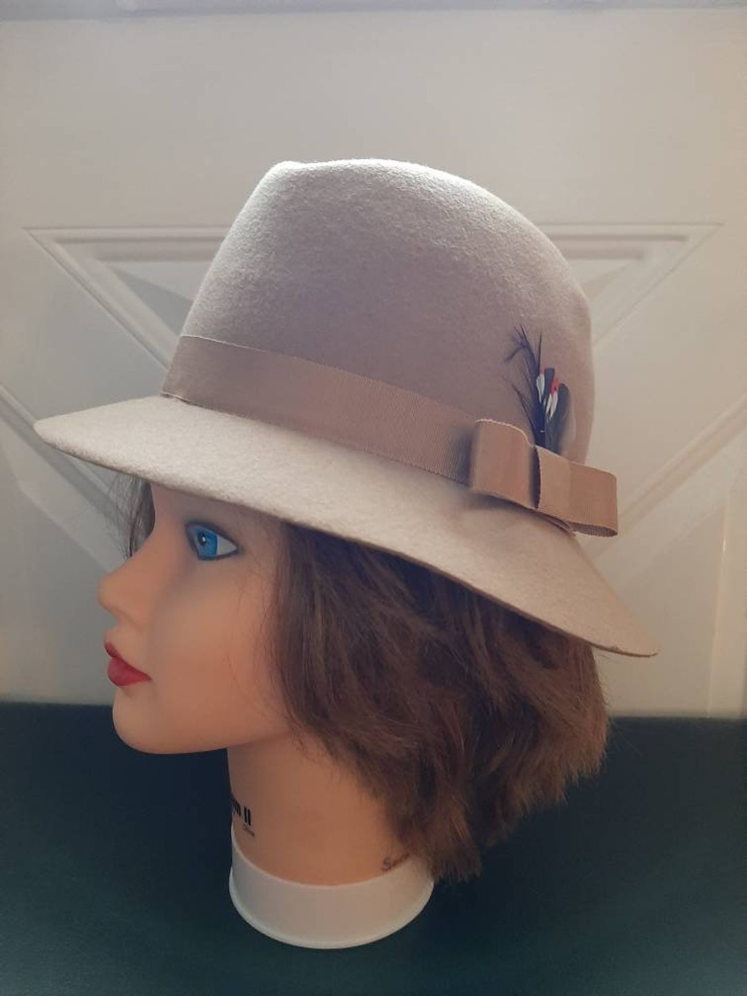 Mid-Century Lancaster Tan Fedora Wool Hat w/ Grosgrain Band – Medium Men main image 4