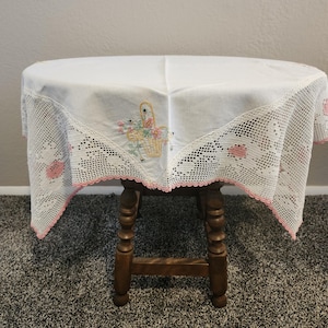 Mid Century Hand Embroidered And Hand Crocheted Small White With Pink Yellow Green Accents Tablecloth 38&quot;X37&quot;Bridal/Communion/Baby Shower