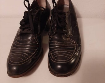 1930s-40s Womens Black Leather Oxford Miller Herords Of San Jose Shoes Size 7 N/ Antique Womens Black Tie Block Heel Shoes Size 7