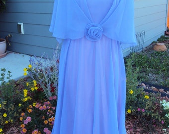 1970s-80s Womens Periwinkle/Violet Taffeta & Chiffon special Occasion/Prom/Bridesmaid/Mother Of Bride Formal Size M/V Neck Sleeves Formal