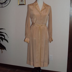1970s-80s Adolph Schuman 2 Piece Sheer Polyester Golden Tan Blouse/Skirt Size Small / Polyester/Suede High Waist Skirt/Button Blouse