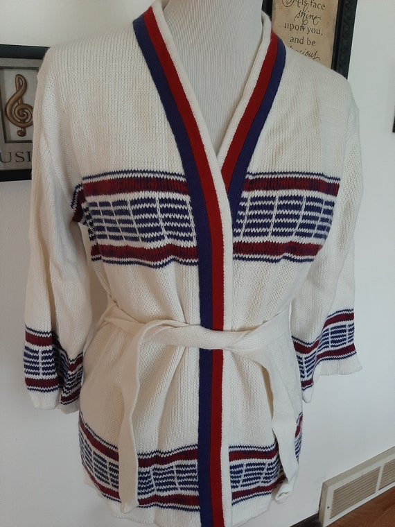 1970s Womens 100% Acrylic Red/White/Blue Belted C… - image 2