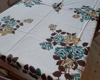 1950s Brown/Chartreuse/Aqua Startex Farmhouse Cotton Rectangular Tablecloth 67"X 52"/Mid Century Rose Flower Startex Rectangular Tablecloth
