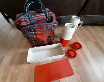 Mid Century Red/Black Plaid Picnic Bag And 2 Thermos Brand Hot/Cold /Plastic Sandwich Container/60s Picnic Bag With Zippers/July 4th Picnic