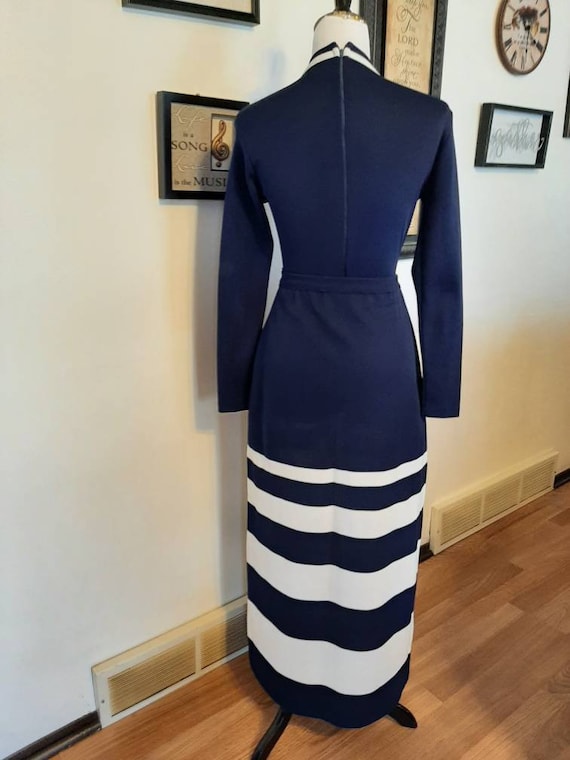 1970s Womens 2 Piece Navy/White Stripes Evan Wayne Original Body Suit Stretch Top and Elastic Waist Maxi Skirt Size S-M/ Vtg Body Suit/Skirt