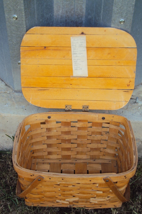 Mid Century Woven Wood Top Handle Picnic Basket 1… - image 5