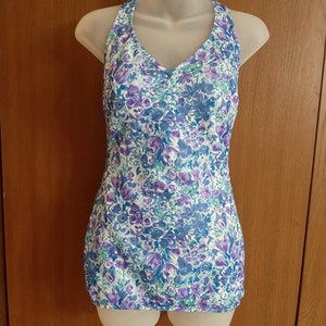 1970s Womens Robby Len Swim Fashions Floral Blue/Purple Polyester One Piece Swimsuit Size M/ 70s Does  50s Swimsuit/Pin Up Floral Swimsuit
