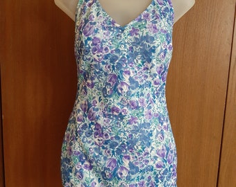 1970s Womens Robby Len Swim Fashions Floral Blue/Purple Polyester One Piece Swimsuit Size M/ 70s Does  50s Swimsuit/Pin Up Floral Swimsuit