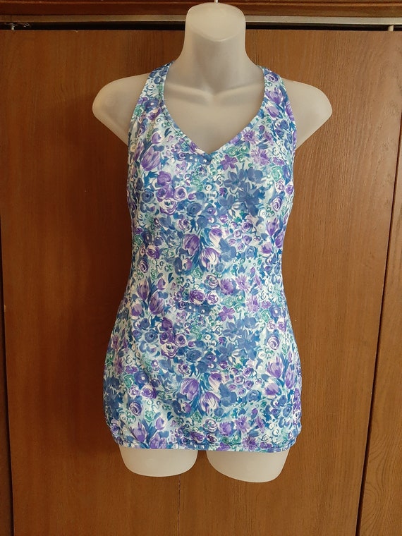 1970s Womens Robby Len Swim Fashions Floral Blue/… - image 1