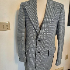 1970s Mens Polyester Geometric Print Blue/White JC Penney Towncraft Blazer/Sport Coat Size 46/ Vtg Prom/Wedding Sport Coat/Polyester Check