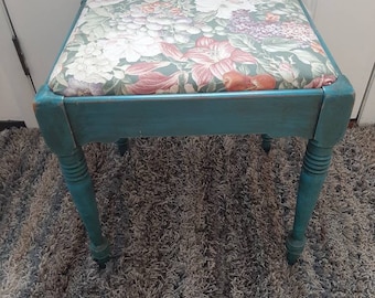 1940s-50s Small Sewing/Craft Stool/Mid Century Sewing Chair 18"X17"X15"/ Teal Chalk Painted Vintage Stool/Floral Cushion /Storage Stool