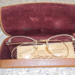 1950s Gold Partially Metal Rim Small Petite Prescription Eyeglasses/ 50s Eyeglass Case/Cloth/Glasses/ Eyeglass Props/Steampunk Eyeglasses
