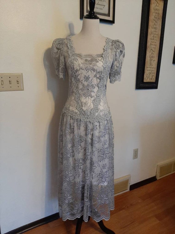1980s Womens Light Blue/Gray Sheer Lace with Silver Bling Dropped Waist Midi Dress Size 7-8/Vintage Womens Sheer Dropped Waist Dress