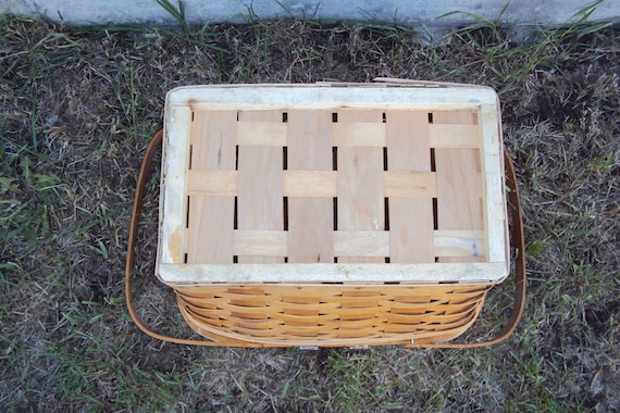 Mid Century Woven Wood Top Handle Picnic Basket 1… - image 10