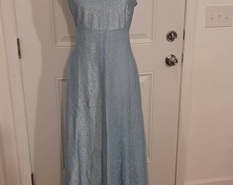 1970s-80s Womens Baby Blue With Silver Metallic Flecs Sleeveless Empire Waist Special Occasion Formal Long Dress/Bridesmaid/Prom Size L