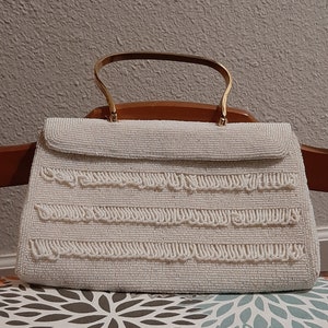 Mid Century White Beaded Evening Bag/Debbie Made In Japan White Wedding Mother Of Pearl Top Handle Beaded Purse/Bridal Small Evening Bag
