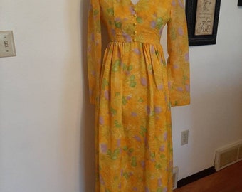 1970s Womens Sunflower Yellow Spring Floral Chiffon Special Occasion Empire Waist Maxi Dress Size M/70s Flower Power Bridesmaid/Easter
