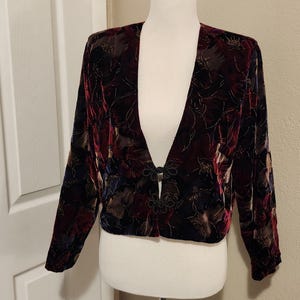Vintage Damen Urlaub Schwarz/Gold Metallic Faden/Kastanienbraun Samt Kurze Kurze Jacke Größe S-M/80er-90er Jahre Weihnachten/Neujahr Formeller Crop Blazer