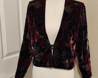 Vintage Damen Urlaub Schwarz/Gold Metallic Faden/Kastanienbraun Samt Kurze Kurze Jacke Größe S-M/80er-90er Jahre Weihnachten/Neujahr Formeller Crop Blazer