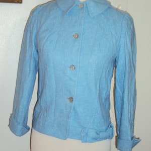 Mid Century Womens Sea Foam Blue/White Flecks Lined Wool Fitted Blazer Size S/ Medium Blue Wool Lined Jacket S/Home Sewn Jacket