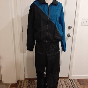 1980s-90s Womens 2 Piece MacGregor Black/Teal Tracksuit/Windsuit Size L-XL/ Vtg Colorblock Over Sized Lined  Wind Suit Size L-XL