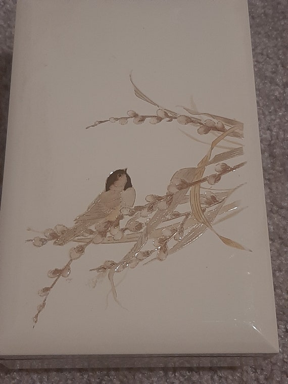 Mid Century Cream Lacquer Rectangular Chickadee M… - image 2