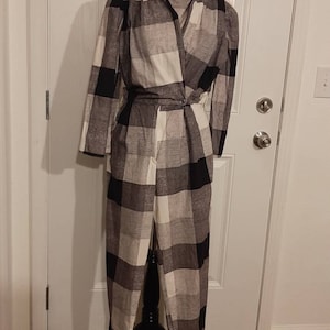 1980s Womens Black/White Large Plaid Spring Polyester/Cotton Oversized Bodice Jumpsuit Size M/ Vtg Womens Plaid Romper/Onepiece Size M