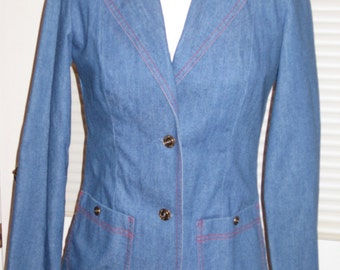 1970er-80er Jahre Damen Denim Blazer / Jacke Größe XS-S JG Kollektion / Ungefüttert / Dark Wash Denim Blazer / Rote Ziernähte