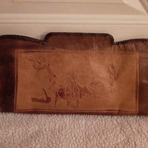 1940s-50s Womens Brown/Black Hand Tooled Equestrian Handbag/Clutch/Purse 15&quot; X 8.5&quot; X 2&quot;/ Vtg Soft Leather Equestrian Pouch/Hand Tool Horse