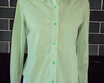 1970s Womens Lime Green/White Gingham Check Western Blouse/Shirt With Lime Green Snaps Size S/ Vtg Womens Western Wear/ Home Sewn Shirt